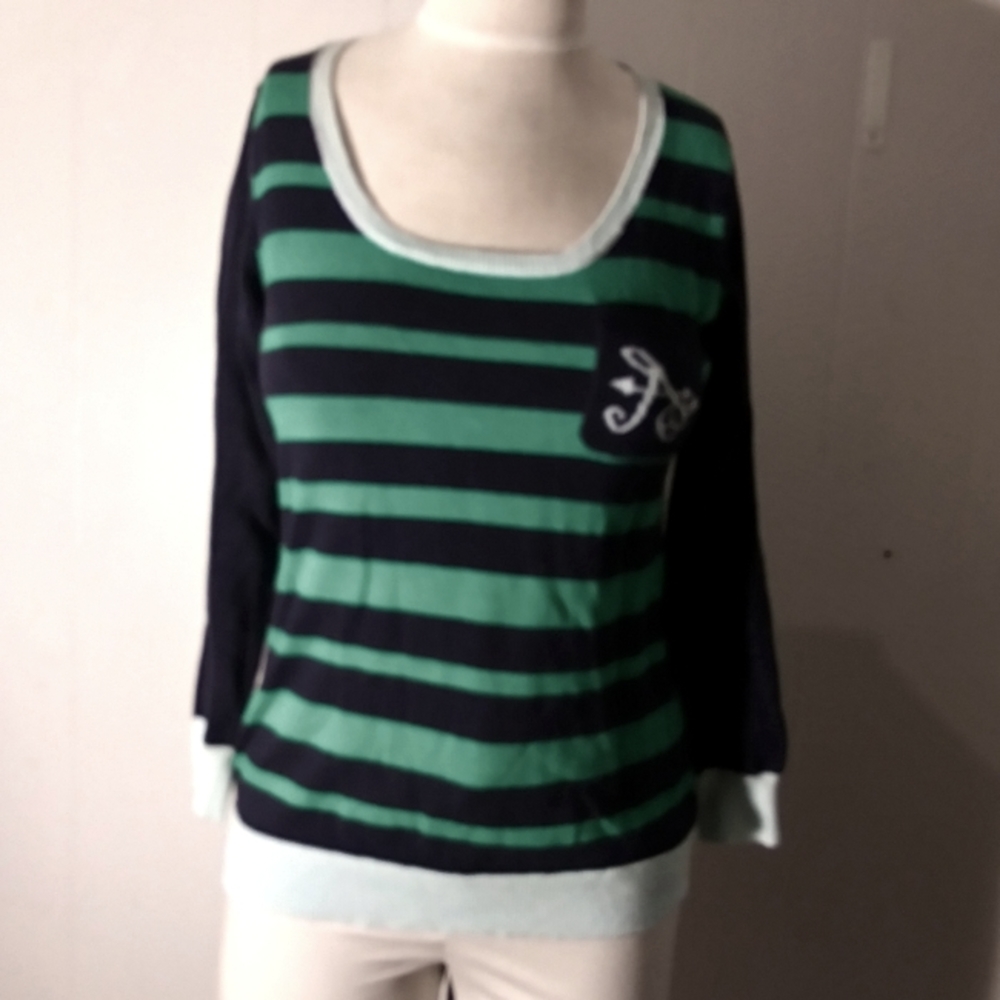 Green black striped monogrammed A Hwa emo preppy sweater size small 100% cotton
